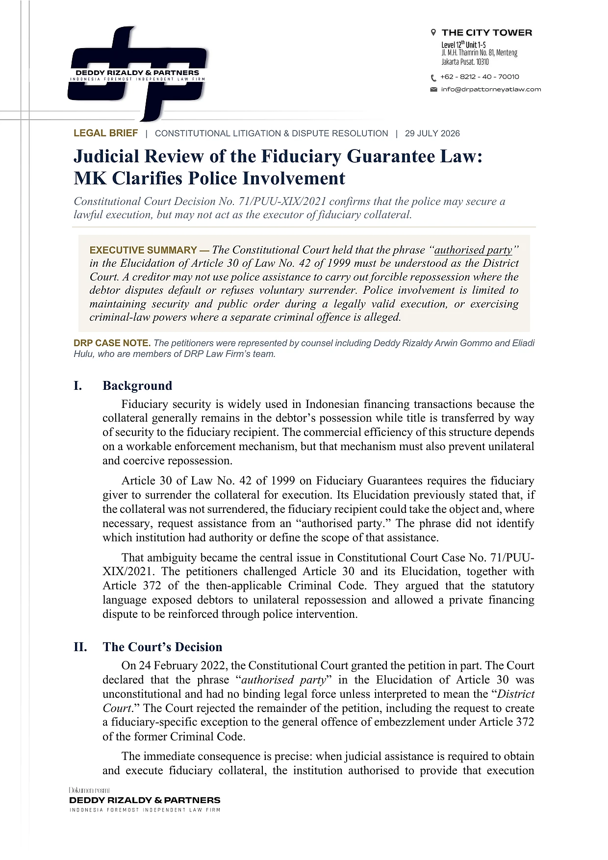First page of Judicial Review of the Fiduciary Guarantee Law: MK Clarifies Police Involvement